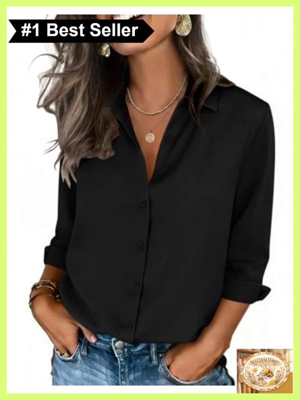 Zeagoo Women's 3/4 Sleeve Button Down Blouse V Neck Collared Business Casual Top